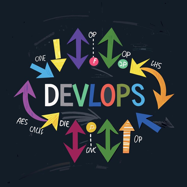 Vector devops para operaciones continuas de software y desarrollo o concepto de programación flecha multicolor