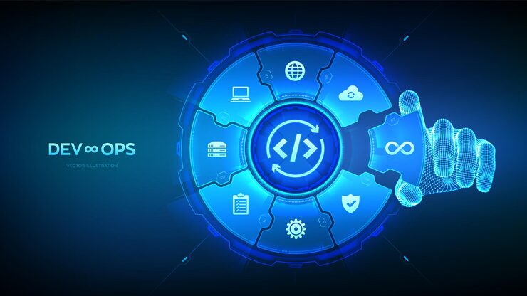 Vector devops software development practices methodology agile development optimization concept software engineering hand places an element into a composition visualizing devops vector illustration