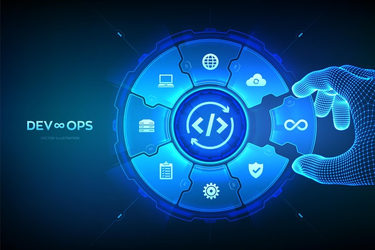 Vector devops software development practices methodology agile development optimization concept software engineering hand places an element into a composition visualizing devops vector illustration