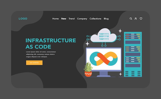 Vector devops web banner o página de aterrizaje modo oscuro o nocturno desarrollo de software y su vida de operaciones