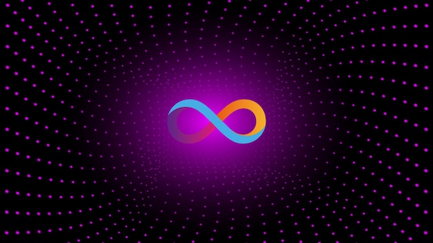 Vector dfinity internet computer icp token símbolo criptomoneda en el centro de la espiral de puntos brillantes sobre fondo oscuro. icono de logotipo de criptomoneda para banner o noticias. ilustración vectorial.