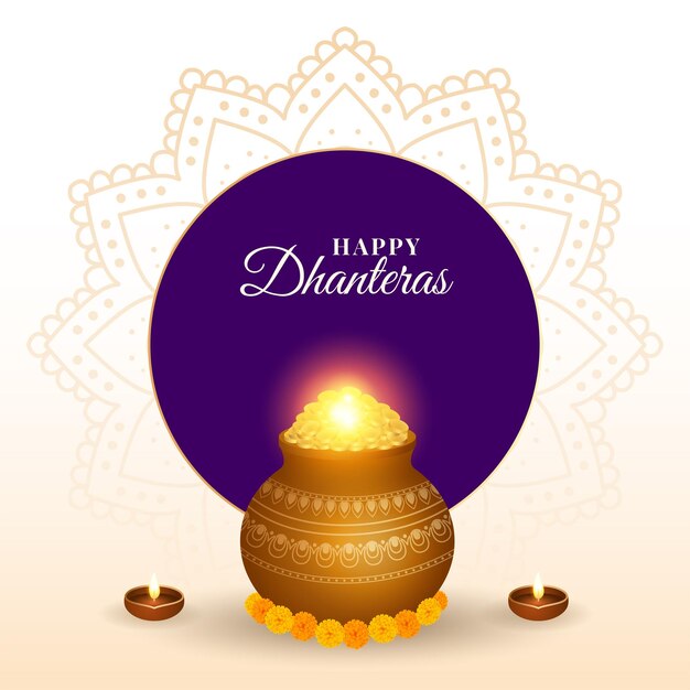 Dhanteras felices con bote de monedas sobre fondo de mandala floral brillante
