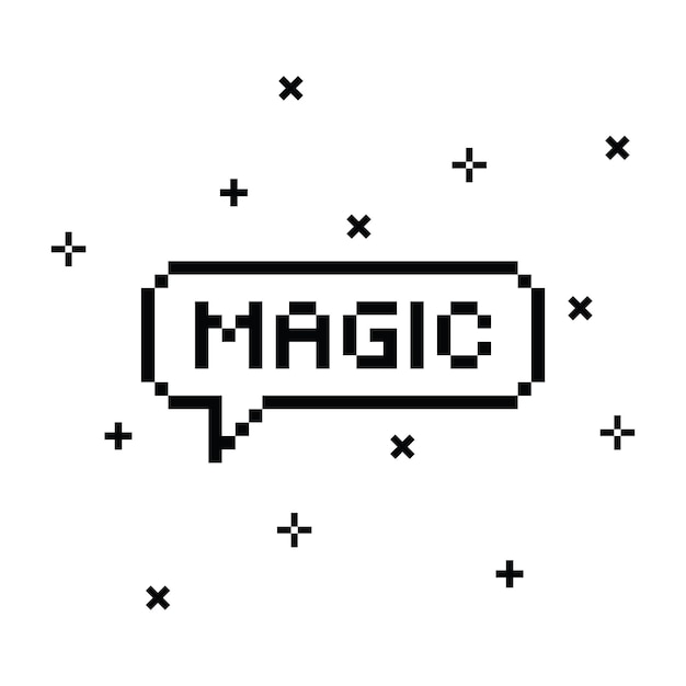 Di magia en la burbuja de habla 8 bits de pixel art en fondo blanco
