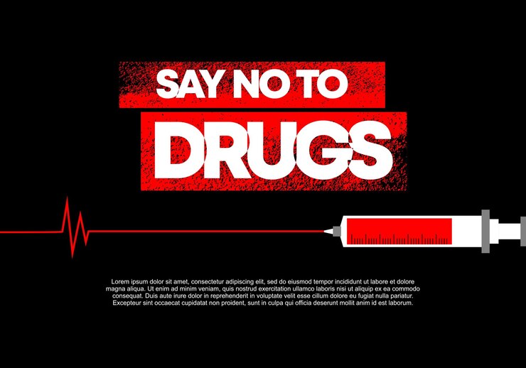 Di no al cartel o pancarta de fondo de drogas para el Día Internacional contra el Abuso de Drogas aislado en fondo negro