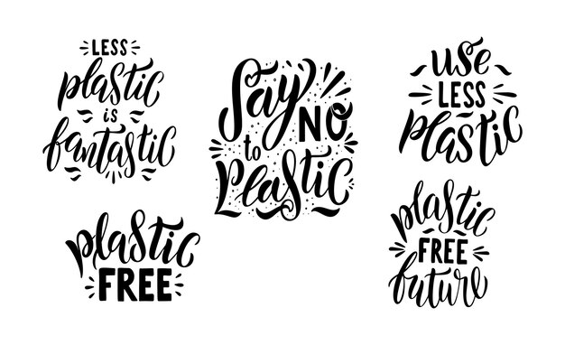 Di no al juego de letras de plástico. Presupuestos libres de plástico. Colección de ecología frase motivacional. Logotipo dibujado a mano de cero residuos. Cartel de tipografía, ilustración vectorial aislado sobre fondo blanco.