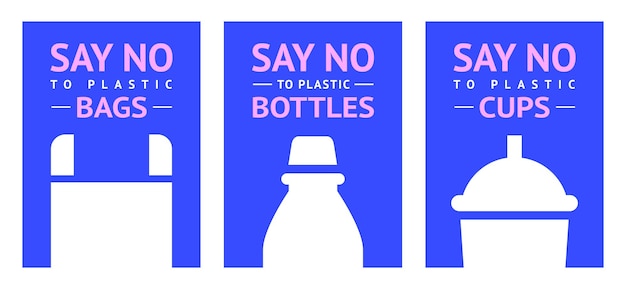 Vector di no al plástico: bolsas, vasos y botellas, carteles ecológicos de moda para imprimir