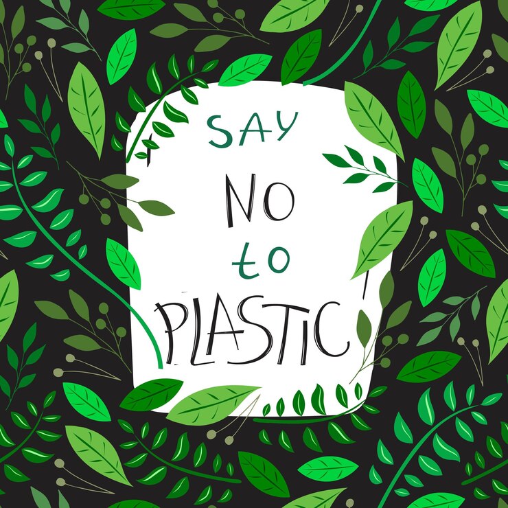 Vector di no al plástico. patrón sin costura temático con la inscripción, hojas verdes, ramitas.