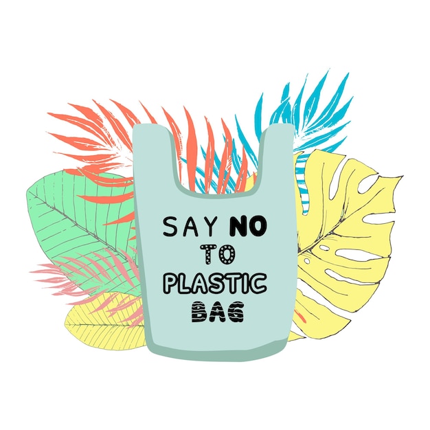 Di no a la bolsa de plástico y no desperdicies nada en el fondo de las hojas tropicales. mente ecológica. ilustración vectorial