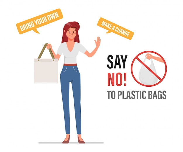 Di no a las bolsas de plástico y lleva una bolsa de tela. Concepto de problema de contaminación.