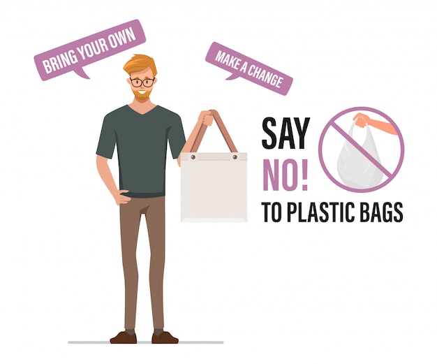 Di no a las bolsas de plástico y lleva una bolsa de tela. Concepto de problema de contaminación.