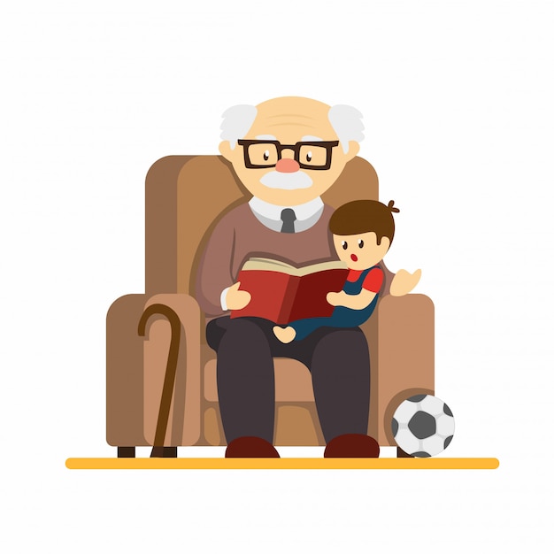 Vector día del abuelo, el abuelo se sienta en el sofá y lee el libro de cuentos a los nietos. en dibujos animados ilustración plana aislado en fondo blanco