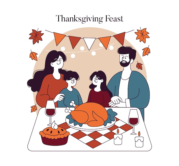 Día de Acción de Gracias concepto una familia se reúne alrededor de una mesa llena de un pavo festivo compartiendo un