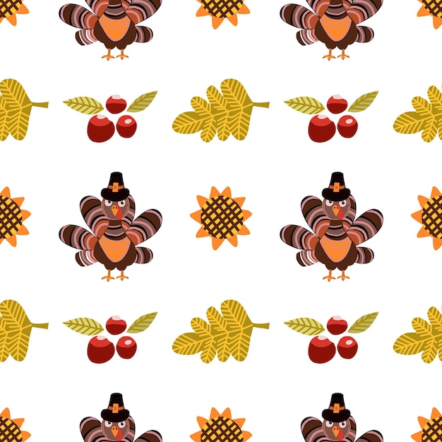 Día de acción de gracias de patrones sin fisuras ilustración vectorial con calabazas de pavo bayas rojas hojas de otoño espantapájaros girasoles manzanas