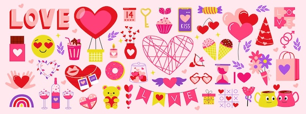 El día del amor establece pegatinas románticas Flores rosadas y rojas y corazones taza de café anillo de bodas flecha en el corazón calendario de chocolate vino y postre dulce Guirnalda de fiesta y regalo Diseño vectorial
