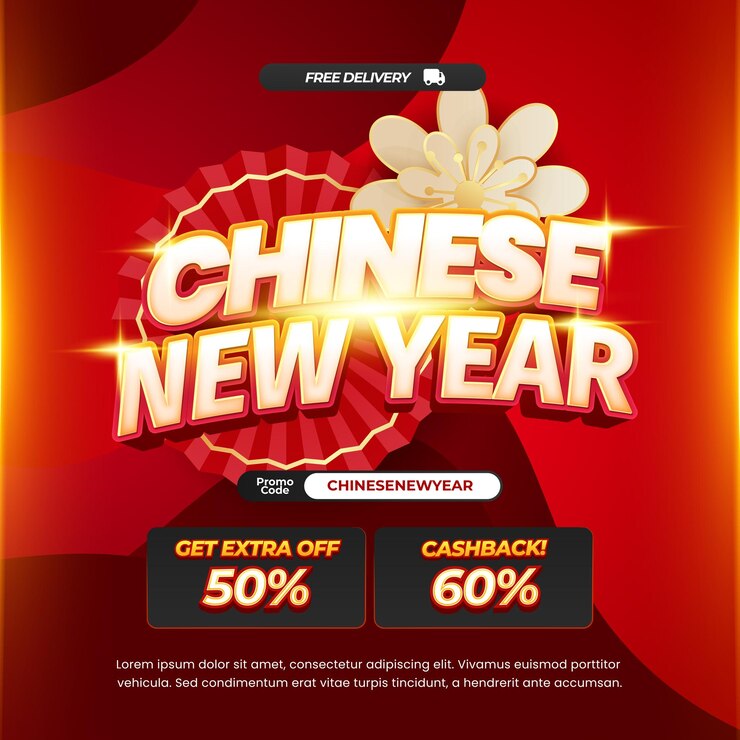 El día del Año Nuevo chino Ofertas de descuento Dinámico Gradiente rojo Efecto de texto editable Banner oriental