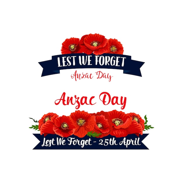 Vector día de anzac para que no olvidemos las cintas vectoriales de amapola roja