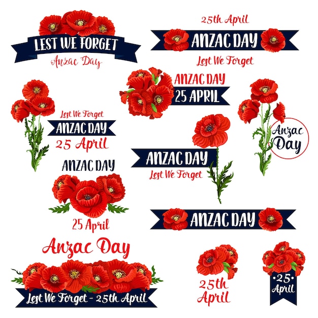 Día de anzac para que no olvidemos los iconos de vector de amapola roja