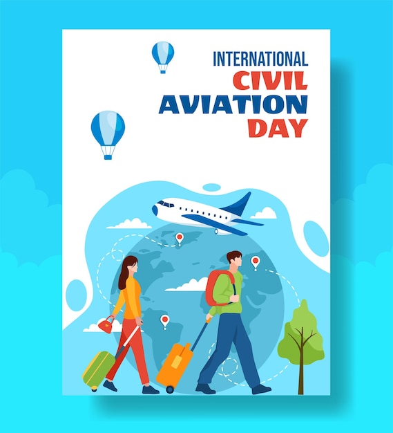 Día de la Aviación Civil Cartel vertical plano de dibujos animados plantillas dibujadas a mano Ilustración de fondo