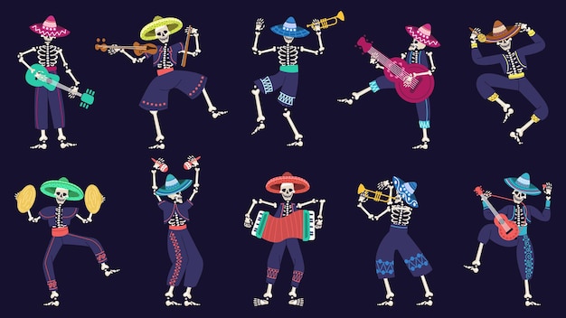 Dia de la banda de mariachis muertos. Ilustración de vector de personajes de esqueletos festival mexicano musical. Dia de los muertos mariachi skeleton musicians. Esqueleto baila y toca música, actuación tradicional.