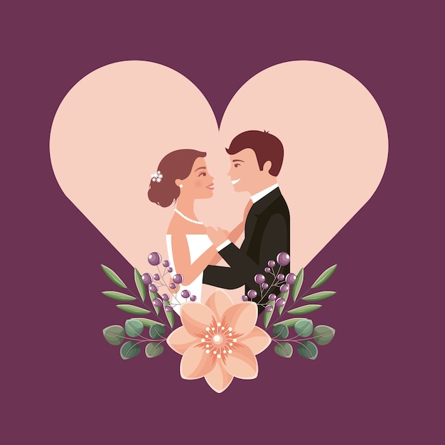 día de la boda de pareja flores en corazón de amor