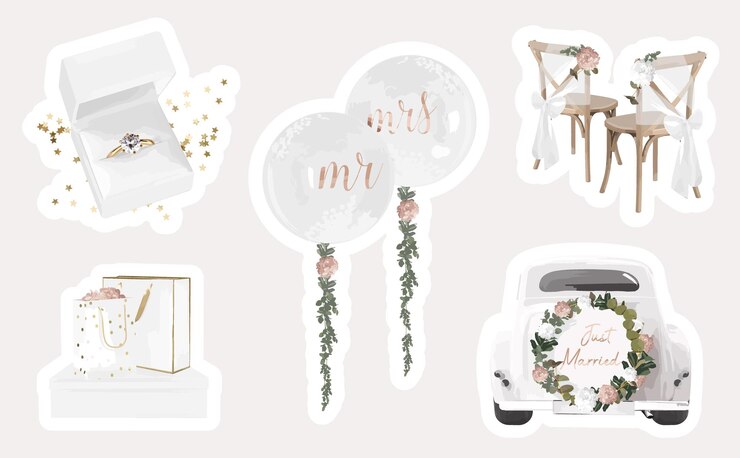 Día de la boda romántica dibujada a mano y conjunto de imágenes prediseñadas de matrimonio