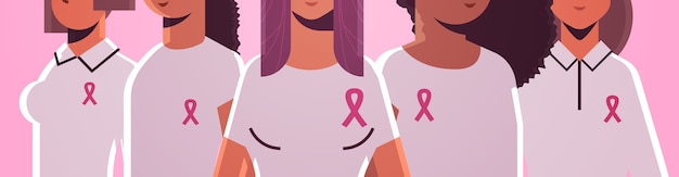 Día del cáncer de mama mujeres vistiendo camisetas con cinta rosa mezclar raza niñas de pie juntas concienciación y prevención de enfermedades