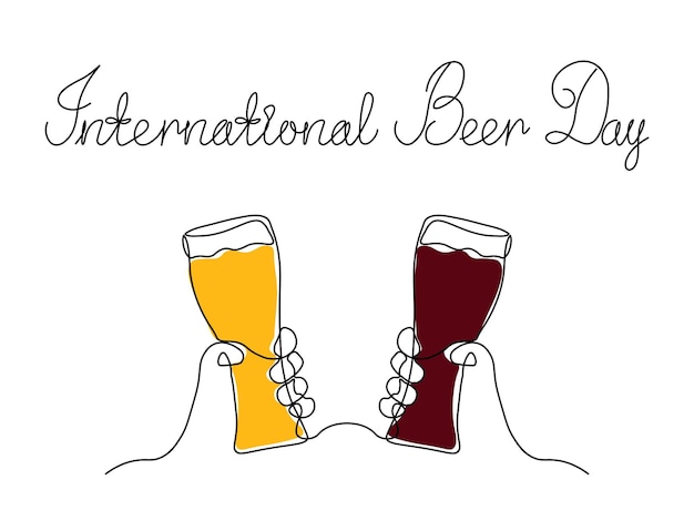 Día de la cerveza dibujo artístico continuo de una sola línea boceto logotipo Abstracto dos manos con taza de vidrio tostada de cerveza