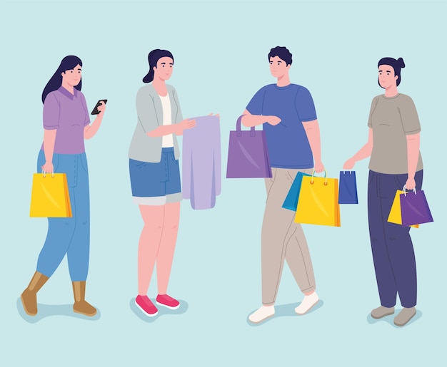 Día de compras para cuatro personas