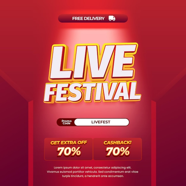 Día de compras en vivo del festival Concesiones de descuento de venta Gradiente rojo Banner de luz de vitrina de texto editable