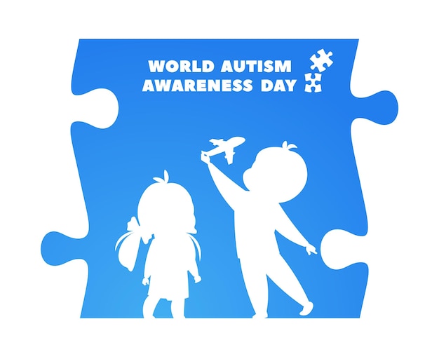 Día de concientización sobre el autismo problema mundial siluetas de niños en piezas de rompecabezas logo autista adultos y niños cuidado de la salud mental aceptar y apoyar la plantilla de póster vectorial