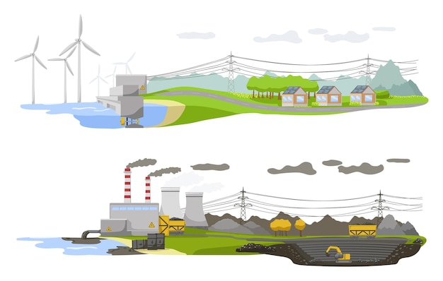 Día de la ecología de la bandera antes después de la vida de la naturaleza de la energía alternativa en el planeta contaminación diferente en el medio ambiente generación de energía eólica renovable cartel del paisaje del concepto ecológico ilustración vectorial