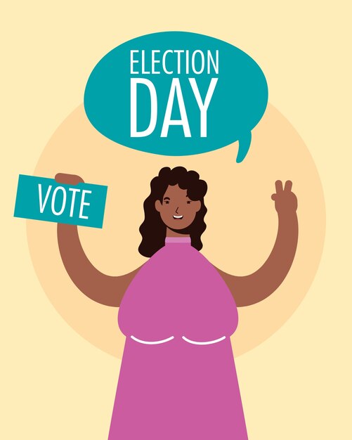 Día de las elecciones en bocadillo con mujer afro levantando la tarjeta de votación