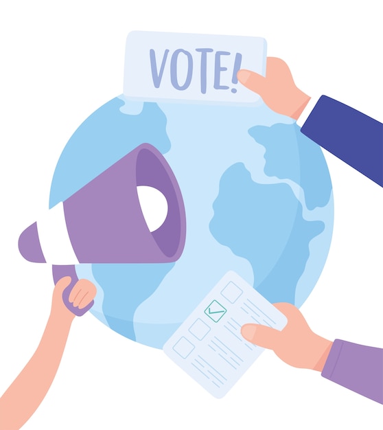 Día de las elecciones, manos del mundo con la ilustración de vector de campaña de votación de megáfono