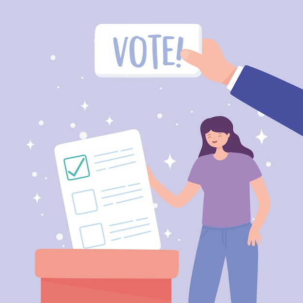 Día de las elecciones, mujer con papeleta en urna y mano con ilustración de vector de letras de voto