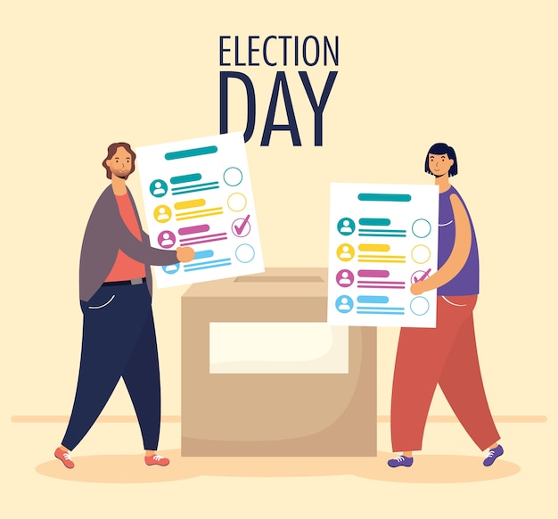Día de las elecciones con pareja levantando tarjetas de votación en caja
