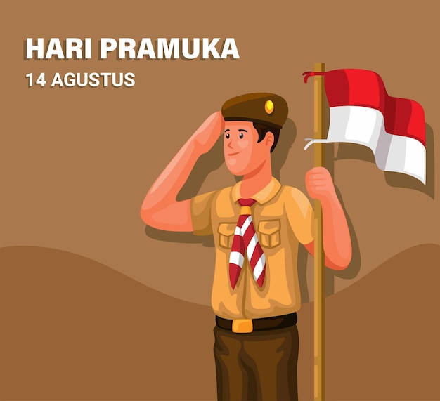 Día de los exploradores indonesios también conocido como hari pramuka 14 de agosto con ropa de estudiante vector de saludo de uniforme de scout