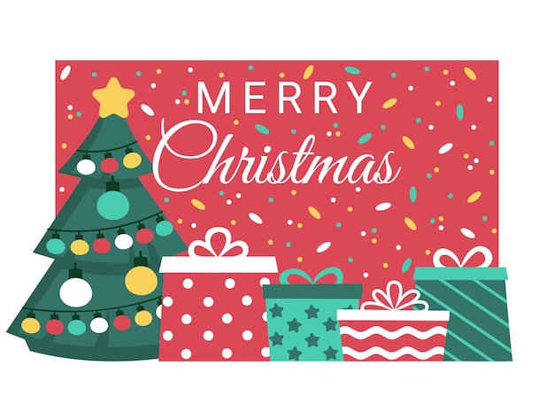 Día festivo Casarse con Navidad con banner de abetos y regalos Comprar recibir dar regalos