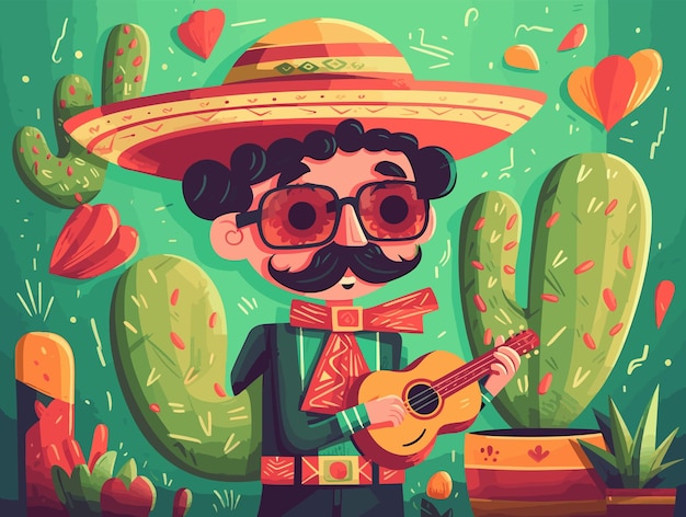 Día festivo mexicano del cinco de mayo Ilustración de un cantante de mariachi con sombrero generado por IA