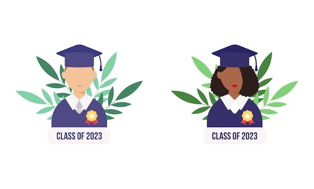 Día de graduación Conjunto de estudiantes y libros Clase de letras de 2023 Estilo plano femenino y masculino Ilustración vectorial