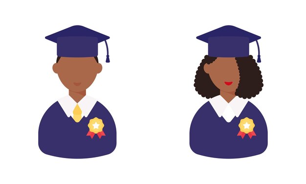 Día de graduación Conjunto de estudiantes con una medalla Estilo plano Africano femenino y masculino Ilustración vectorial