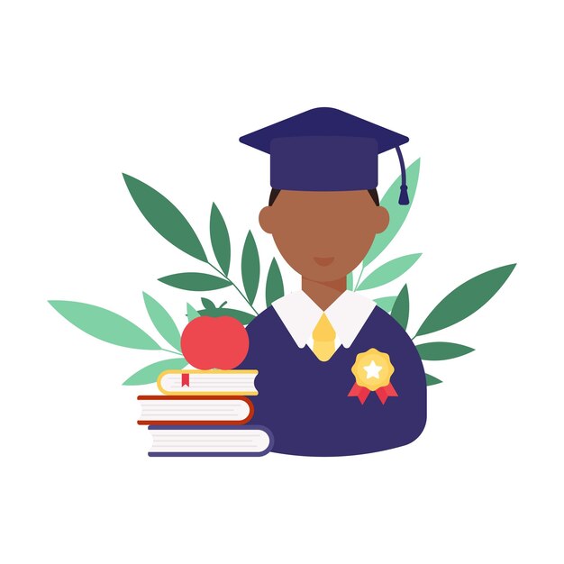 Día de graduación Estudiante sonriente con un libro de medallas y una ilustración vectorial masculina africana de estilo appleFlat