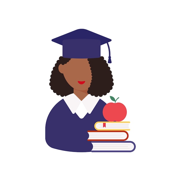 Día de graduación Estudiante sonriente Libros y una ilustración vectorial femenina africana de estilo appleFlat