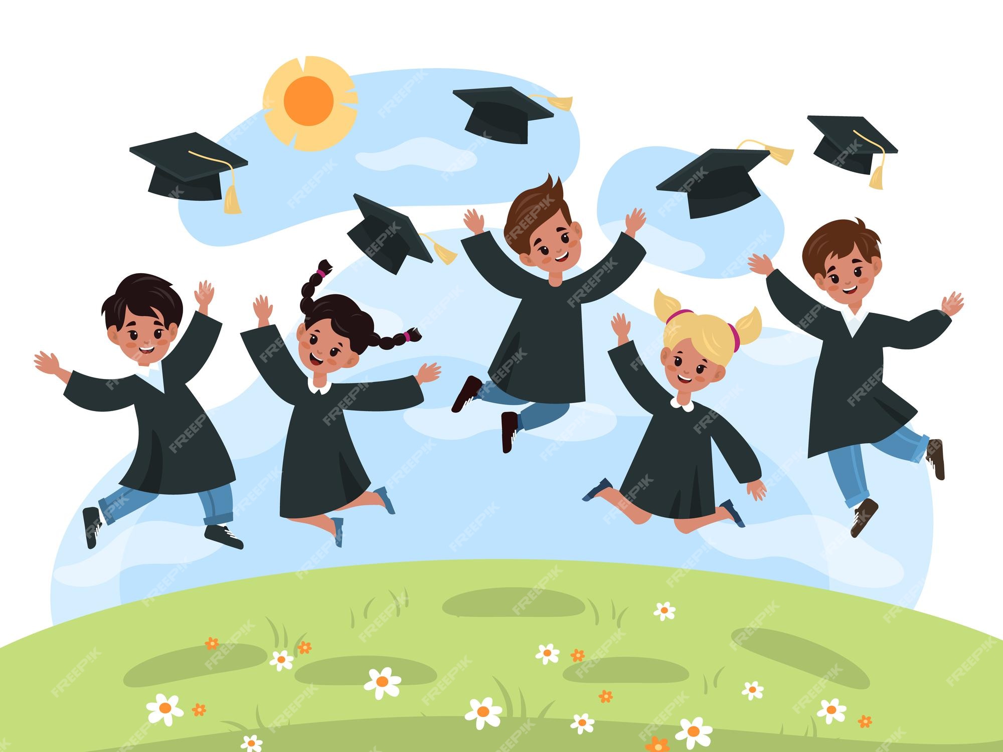 Día de graduación de niños. los niños multiétnicos alegres lindos del jardín de la infancia saltan en capas negras y sombreros académicos. graduado exitoso niños y niñas felices en el paisaje de Día de graduación de niños. los niños multiétnicos alegres lindos del jardín de la infancia saltan en capas negras y sombreros académicos. graduado exitoso niños y niñas felices en el paisaje de