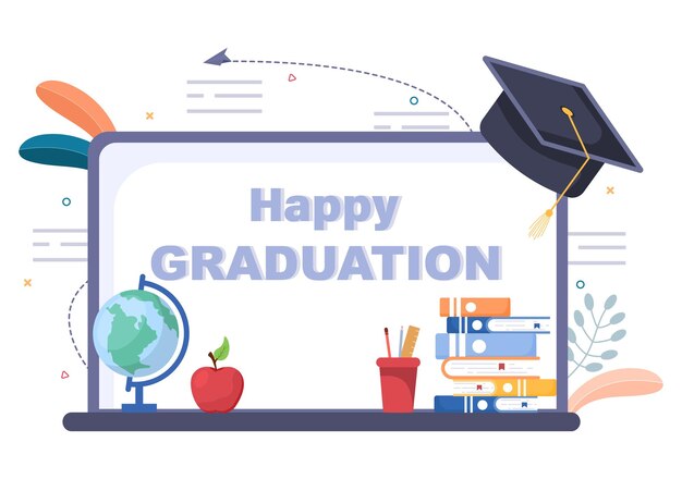Día de graduación virtual en línea de estudiantes celebrando la ilustración de Vector de fondo con vestimenta académica, gorra de posgrado y diploma en comunicación a través de video