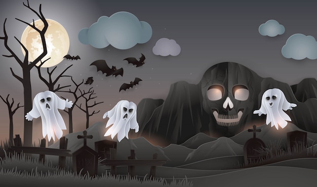 Vector día de halloween, montaña abstracta de la roca del cráneo con fantasma, monstruo, cementerio