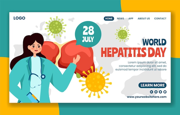 Vector día de la hepatitis página de aterrizaje de las redes sociales plantillas dibujadas a mano de dibujos animados ilustración de fondo