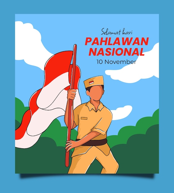 Día de los héroes de pahlawan dibujados a mano con soldado y bandera