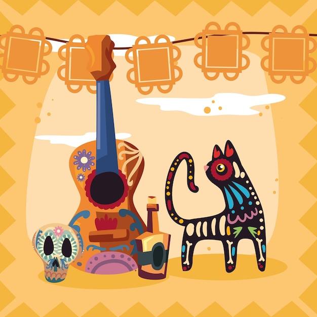 Vector día de los iconos y gato de la guitarra muertos