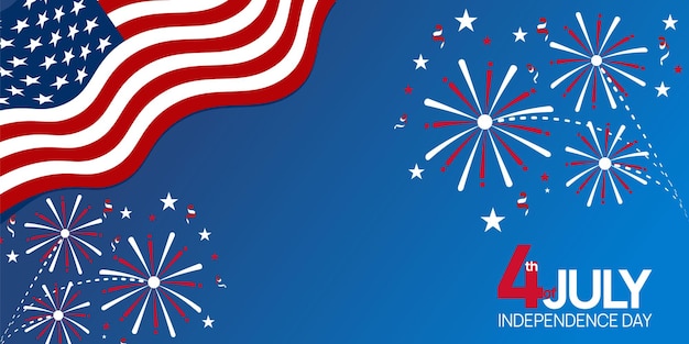 Día de la Independencia, 4 de julio Día festivo del 4 de julio Diseño de cartel con símbolos de la bandera de Estados Unidos de los Estados Unidos y estrella roja, azul y blanca.