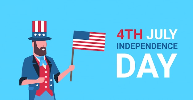 Día de la independencia 4 de julio hombre barba ropa tradicional bandera estadounidense celebrando cap